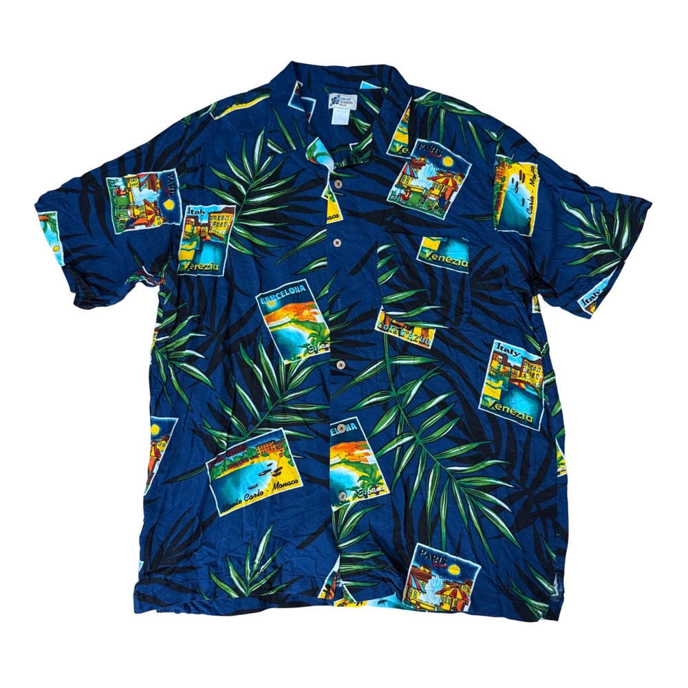 Cherokee Waikiki Wear Mens Large Hawaiianā Shirt Postcard Europe Navy Blue
